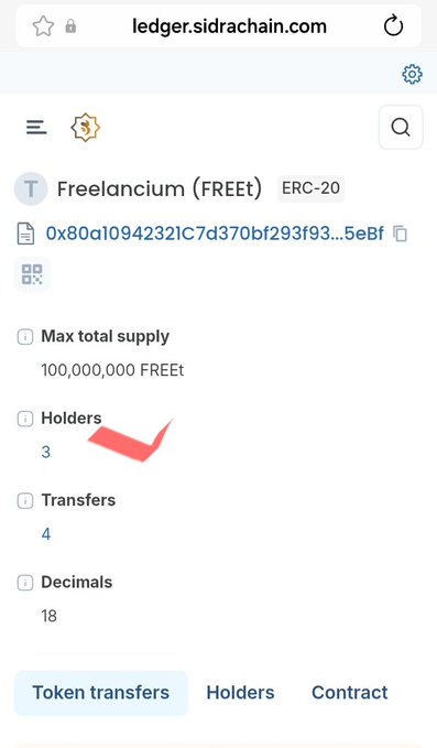 The image shows a Sidra Chain ledger page for the FREEt token, displaying a max total supply of 100,000,000 FREEt and only 3 holders (highlighted with a red arrow). This supports the post's warning about identifying fake tokens in the Si ecosystem by checking low holder counts and unrealistic supply figures.