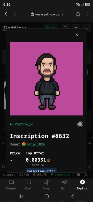 The image shows a person's portrait with a pink background, featuring a man wearing a black outfit. The caption of the photo reads "Inscription #8362", indicating that this is an inscriptions item from the sub10k ranker page on Sflow.com.