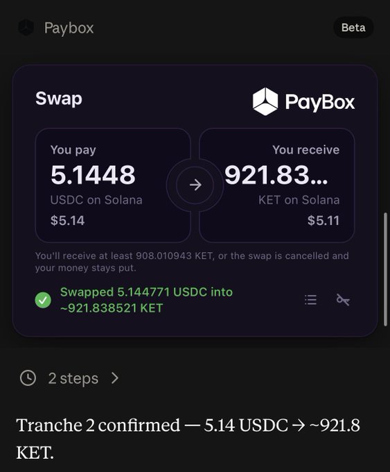 A screenshot from the Tour de France broadcast shows a cycling graphic displaying "Tranche 2 confirmed — 5.14 USDC → ~921.8 KET," illustrating the execution of a scheduled tranche 2 buy while the user was asleep, with tranche 3 automatically rescheduled to 12 hours later.