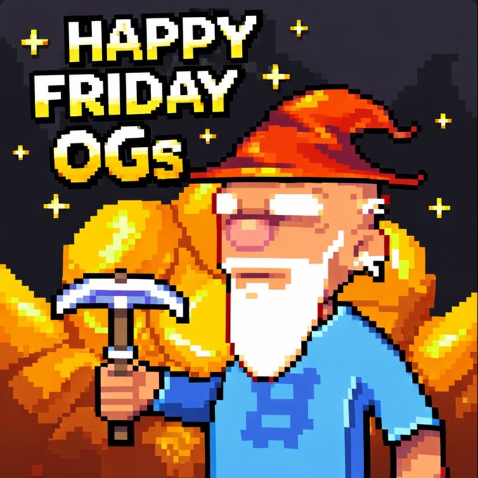 A pixel art image of an elderly man with a white beard, wearing glasses, a blue shirt, and an orange wizard hat, holding a pickaxe, with the text 'HAPPY FRIDAY OGs' at the top.