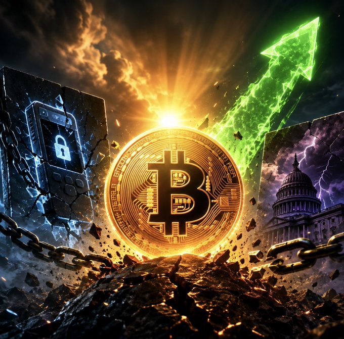 A glowing Bitcoin ($BTC) symbol emerges triumphantly between a shattered Coldcard hardware wallet on the left and the U.S. Capitol (representing the CLARITY Act) on the right, with a green upward arrow soaring above cracked chains—visually symbolizing the cryptocurrency's resilience against both security breaches and regulatory setbacks.