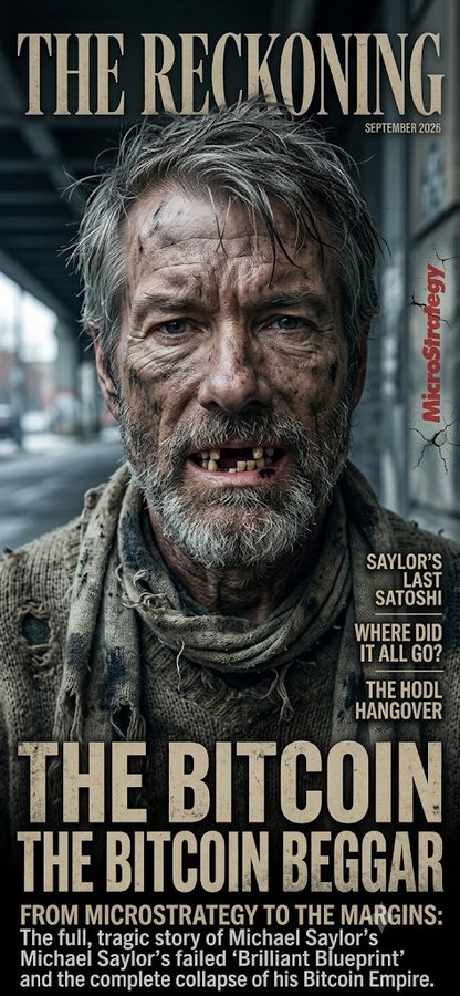 A magazine cover titled "THE RECKONING" dated September 2026 features a weathered, disheveled older man labeled "THE BITCOIN BEGGAR," with headlines about Michael Saylor's failed "Brilliant Blueprint" and the collapse of his Bitcoin Empire, satirizing Saylor's aggressive BTC accumulation strategy. The image relates to the post's irony about Craig Wright (courts have ruled not Satoshi) making predictions about Saylor (who's trying to own more BTC than Satoshi), presented as a future reckoning where Saylor's BTC empire has collapsed.