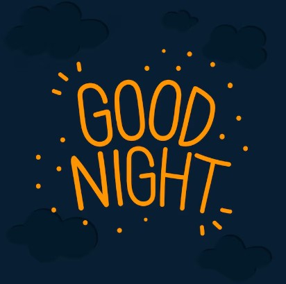 A dark blue illustration with the text 'GOOD NIGHT' in orange, surrounded by stylized clouds and small decorative dots.