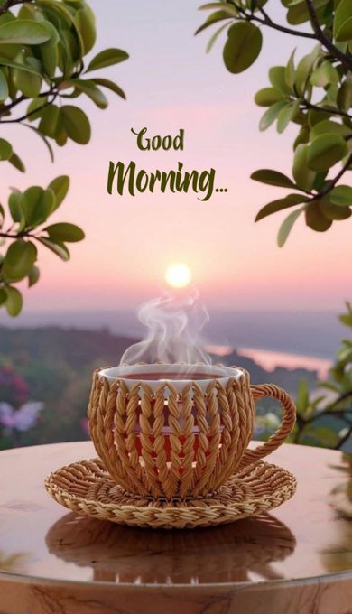 The image features a cup of tea sitting on top of a wicker basket, with a saucer underneath it. The scene takes place outdoors, possibly at an outdoor cafe or patio area. A beautiful sunset can be seen behind the teacup, creating a serene atmosphere for enjoying a warm beverage. The caption to the image reads "Good Morning!", suggesting that this is a morning drink and a good way to start the day.