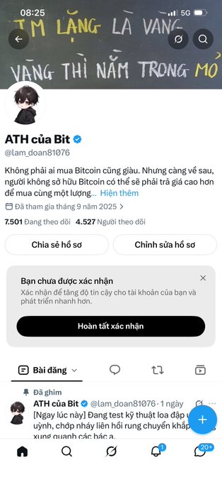 A screenshot of a Twitter/X profile page for ATH của Bit (@lam_doan81076) with a Vietnamese bio discussing Bitcoin, showing a notification 'Bạn chưa được xác nhận' (You have not been verified).