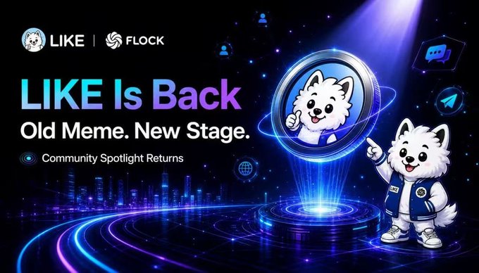 A promotional graphic announcing 'LIKE Is Back — Old Meme. New Stage.' featuring a white cartoon dog mascot holding a coin and giving a thumbs-up, alongside the LIKE and FLOCK logos.