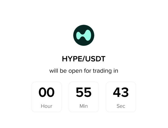 A countdown timer graphic showing that HYPE/USDT will be open for trading in 00 hours, 55 minutes, and 43 seconds.