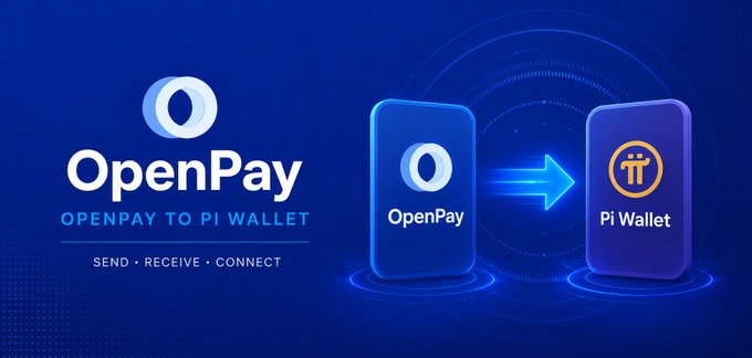 The image features a promotional graphic with a deep blue background displaying the OpenPay logo alongside the tagline "OpenPay to Pi Wallet" and the words "SEND • RECEIVE • CONNECT," illustrating a flow from an OpenPay card to a Pi Wallet card with a glowing arrow between them. The visual reinforces the announcement of OUSD transfers now being available between the two platforms, symbolizing the seamless transfer of assets within the Pi ecosystem.