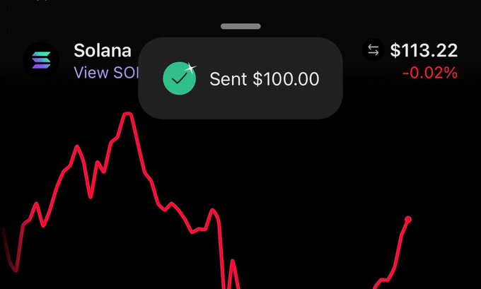 A screenshot showing a successful $100.00 transaction notification on a phone, overlaid on a stock chart displaying Solana (SOL) at $113.22 with a -0.02% change.