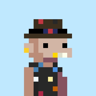 A pixel art portrait of a man wearing a hat with a red and blue band, smoking a cigarette, with a gold earring.