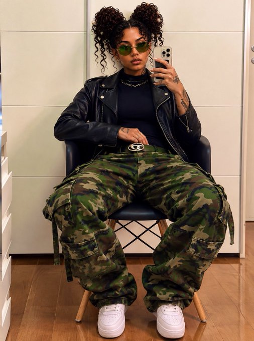 A woman taking a mirror selfie while wearing a black leather jacket, black top, oversized camouflage cargo pants, and white sneakers.