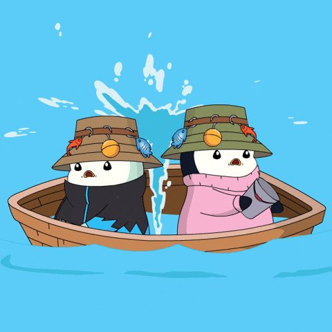 The image features two cartoon penguins wearing hats, sitting inside a boat on water. The background of the image is blue with white splashes, which adds a sense of movement to the scene. There are no texts or other objects present in the image.