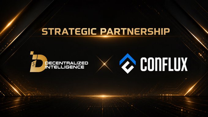 A promotional graphic announcing a "Strategic Partnership" between Decentralized Intelligence and Conflux Network, featuring both companies' logos against a sleek black and gold background, visually reinforcing the announcement of their collaboration in AI and crypto infrastructure.