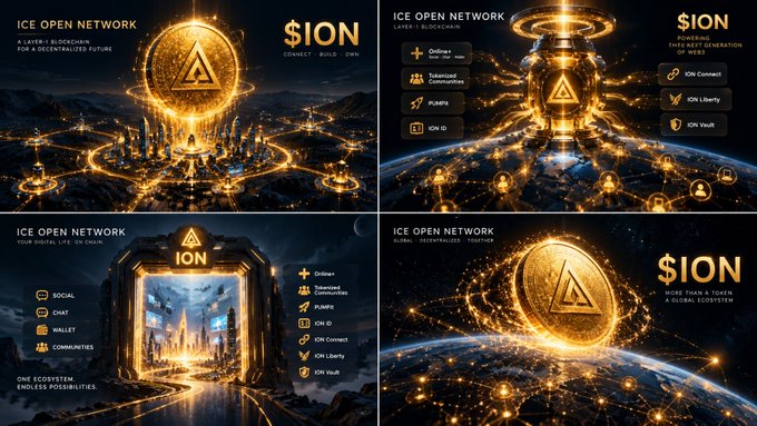 Four-panel promotional graphic for 'ICE OPEN NETWORK' and '$ION', showcasing golden futuristic cityscapes, a digital life on chain interface, and token features including 'Ordinals', 'Tokenized Communities', 'ION ID', and 'ION Vault'.