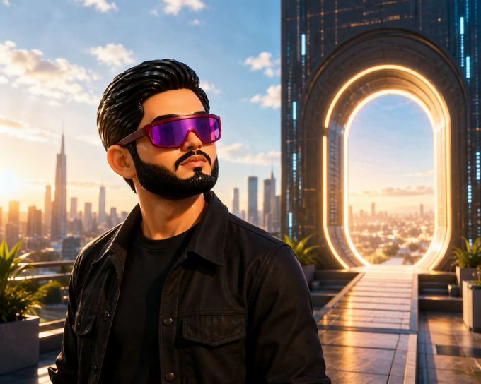 A stylized portrait of a bearded man wearing purple sunglasses and a black jacket, standing before a futuristic cityscape with a glowing golden portal.