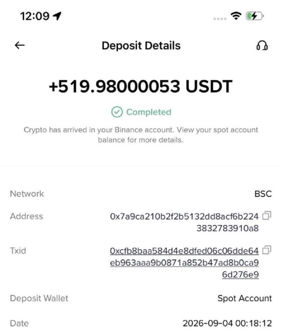 A mobile screenshot shows a completed Binance deposit of +519.980000053 USDT via the BSC network, with the transaction ID, address, and date 2026-09-04 00:18:12 listed.