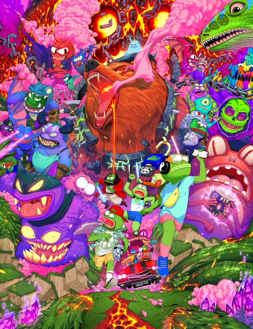 A colorful, chaotic scene features Pepe the Frog characters wielding weapons and riding in a car labeled "TACO THE FROG" while battling a massive roaring dinosaur surrounded by monsters and skeletons, tying into the "PepeExplorers" tweet as a vibrant teaser for an upcoming NFT snapshot.