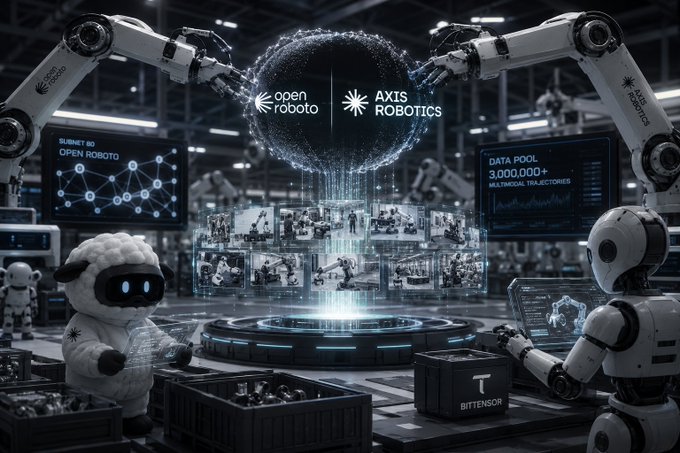 A futuristic robotics scene showing industrial robotic arms, a humanoid robot, and a fluffy white robot with the logos 'open roboto' and 'AXTIS ROBOTICS' displayed on screens.