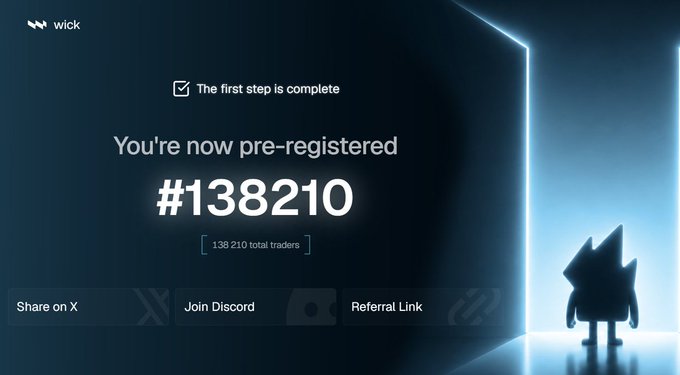 A pre-registration confirmation page for Wick (#wick_xyz) showing the user has signed up as trader #138210 out of 138,210 total traders, with options to share on X, join Discord, or get a referral link—aligning with the post about joining the Wick waitlist before it closes Monday.