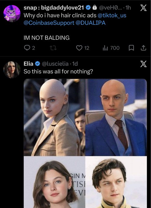 A screenshot of two X posts: one from user "snap: bigdaddylove21" joking about receiving hair clinic ads and saying "IM NOT BALDING," and another from "Elia @luscielia" asking "So this was all for nothing?" with a collage showing bald and then fully-haired versions of characters from "Dune" (likely Paul Atreides and Chani) — humorously implying the algorithm wrongly assumed they needed hair loss treatments based on their initial bald appearances.