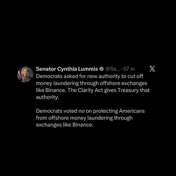 A tweet from Senator Cynthia Lummis (@SenLummis) stating that Democrats asked for new authority to cut off money laundering through offshore exchanges like Binance, but the Clarity Act gives Treasury that authority instead.