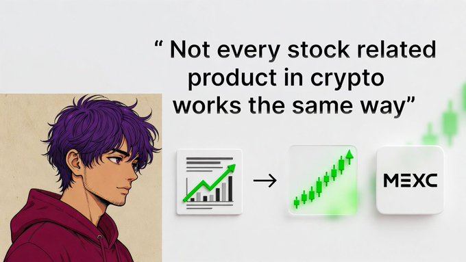 A marketing graphic featuring an anime-style character with purple hair beside the text 'Not every stock related product in crypto works the same way,' showing icons of a stock chart, candlestick chart and the MEXC logo.