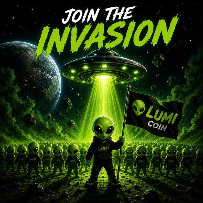 A vibrant digital illustration titled "JOIN THE INVASION" showing a green alien in a hoodie holding a "LUMI COIN" flag, with a UFO beaming light and an army of aliens marching below against a space backdrop.