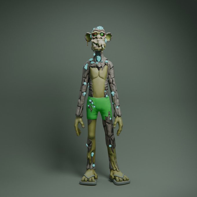 A 3D rendered character resembling a humanoid creature with bark-like skin, glowing blue crystals, and bright green shorts, standing against a dark green background.