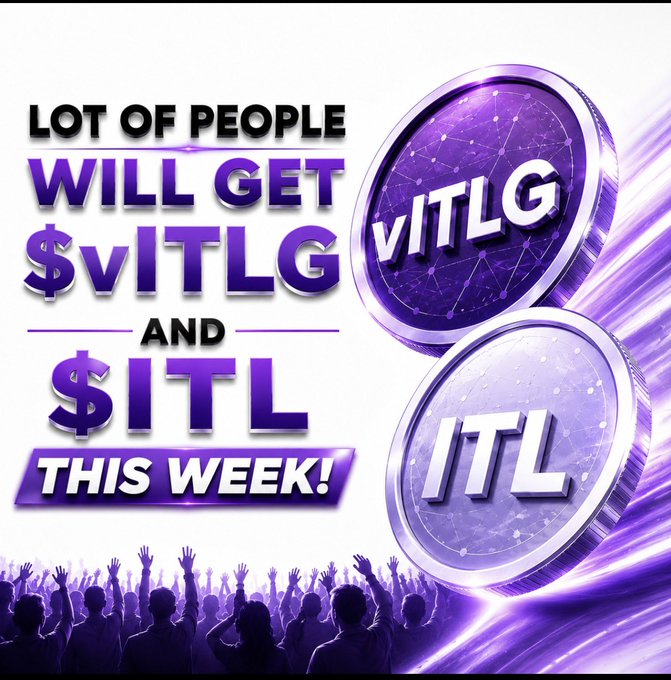 A promotional graphic with purple text reading "LOT OF PEOPLE WILL GET $vITLG AND $ITL THIS WEEK!" alongside two coins marked "vITLG" and "ITL," shown above a silhouette crowd with raised hands. The image reinforces the post's announcement that Interlink's vITLG and ITL tokens may finally become claimable this week after months of user activity.