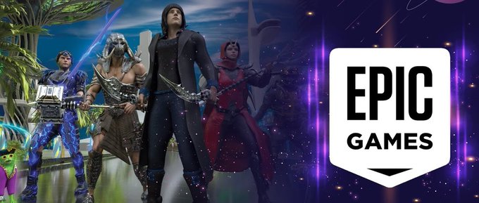 Promotional artwork for Epic Games featuring several fantasy/sci-fi video game characters in heroic poses alongside the Epic Games logo on a starry purple background.