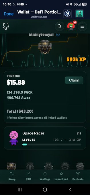The image shows a cell phone screen displaying information about a wallet app, specifically about a game called "Space Racer". The user has reached level 14 and has earned 13,878 points. They are currently at level 14 and have a total of 1,838 points. The app is offering a reward for hitting the top 20 in the game, which means that the user can potentially earn more points by achieving this milestone.