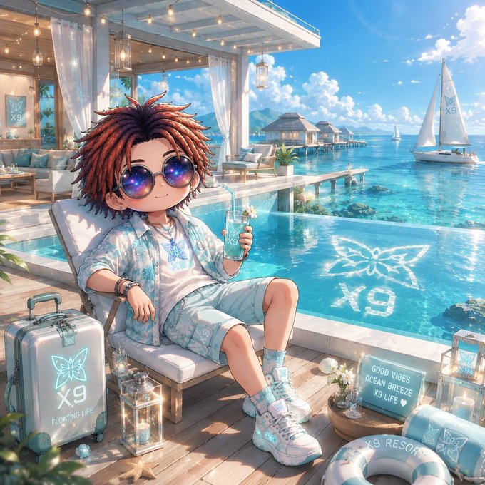 The image features a man sitting on a chair by an ocean with his luggage beside him. The scene includes boats sailing in the background, creating a relaxing atmosphere. There are also several potted plants scattered around the area, adding greenery to the environment. The image is related to the post because it highlights the importance of focusing on current problems and not waiting for future advancements in technology like quantum computing before addressing them.