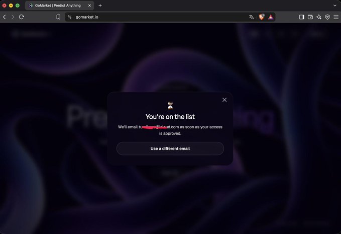 A screenshot of gomarket.io showing a modal that reads "You're on the list" with text "We'll email tunchidlaud@gmail.com as soon as your access is approved" and a "Use a different email" button.