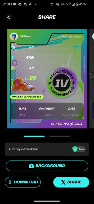 A mobile app screen titled "SHARE" displaying a STEPN GO walking achievement card showing 5.13 km in 1 hour 38 minutes, level 29, with "Turning detection" marked as Pass.