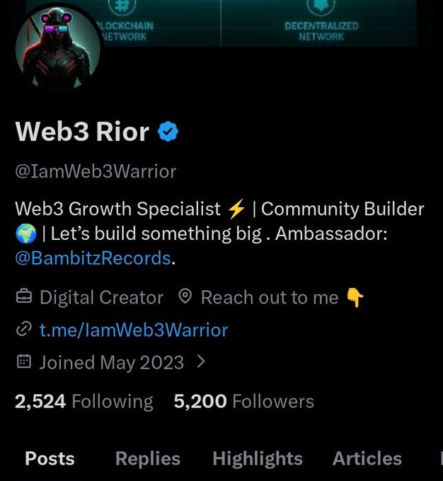 A Twitter/X profile page for 'Web3 Rior' (@IamWeb3Warrior) describing themselves as a 'Web3 Growth Specialist | Community Builder' and Ambassador for @BambitzRecords, with 5,200 followers.