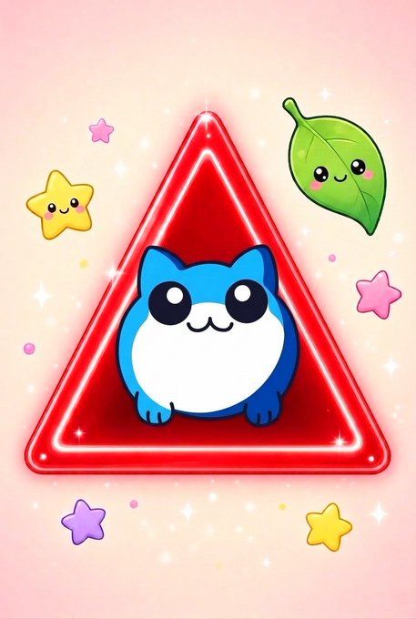 A cute illustration of a blue and white cat sitting inside a glowing red triangular warning sign, surrounded by smiling stars and a leaf on a pink background.