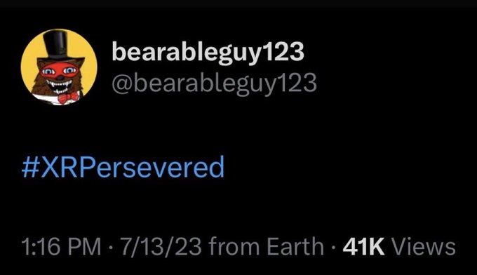 A tweet from user @bearableguy123 posted on 7/13/23 featuring the hashtag #XRPersevered, referencing $XRP cryptocurrency and showing 41K views. The image displays the account's profile with a cartoon bear in a top hat avatar alongside the bullish XRP-related hashtag.