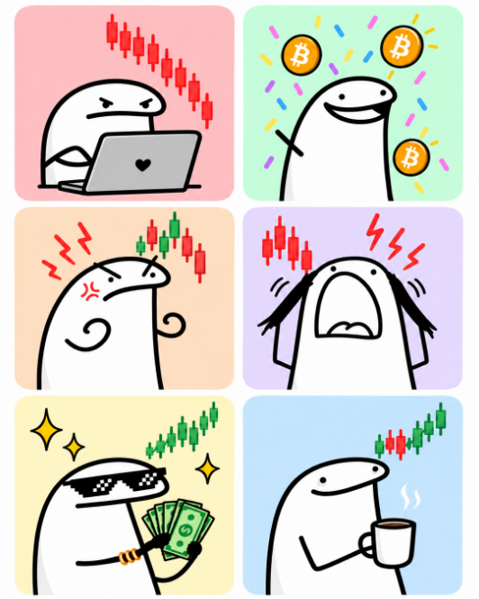A 2x3 grid of cartoon memes depicting various emotional reactions to cryptocurrency trading, featuring candlestick charts (red downtrends and green uptrends) and Bitcoin (₿) logos, including scenes of an angry trader at a laptop, celebrating with Bitcoin coins, frustrated, panicked, a "deal with it" sunglasses meme holding cash, and calmly sipping coffee. The images visually represent the volatile emotional rollercoaster of crypto investing, while the caption "wagmi" (crypto slang for "we're all gonna make it") serves as an optimistic counterpoint to the struggles depicted in the panels.