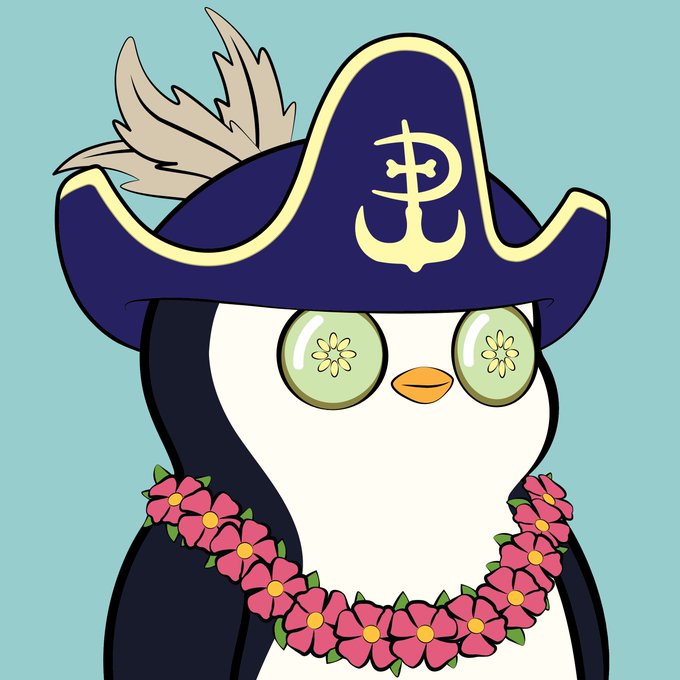 An illustration of Pudgy Penguin wearing a pirate hat with an anchor emblem and a pink flower lei, featuring flower-patterned eyes, possibly referencing the Bitcoin Pirate (Bitcoin Ordinals) project.