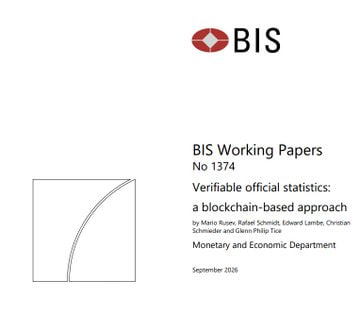 The cover of a 'BIS Working Papers No 1374' document titled 'Verifiable official statistics: a blockchain-based approach' by Mario Kusnir, Rafael Schmidt, Edward Lambe, Christian Schrimpf, and Claire Philipp Fok, from the Monetary and Economic Department, dated September 2026.