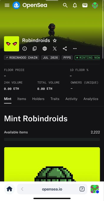 OpenSea mobile screenshot of the "Robindroids" NFT collection on Robinhood Chain, marked "MINTING NOW" with 2,222 available items, set against a green landscape with a pixel-art character.