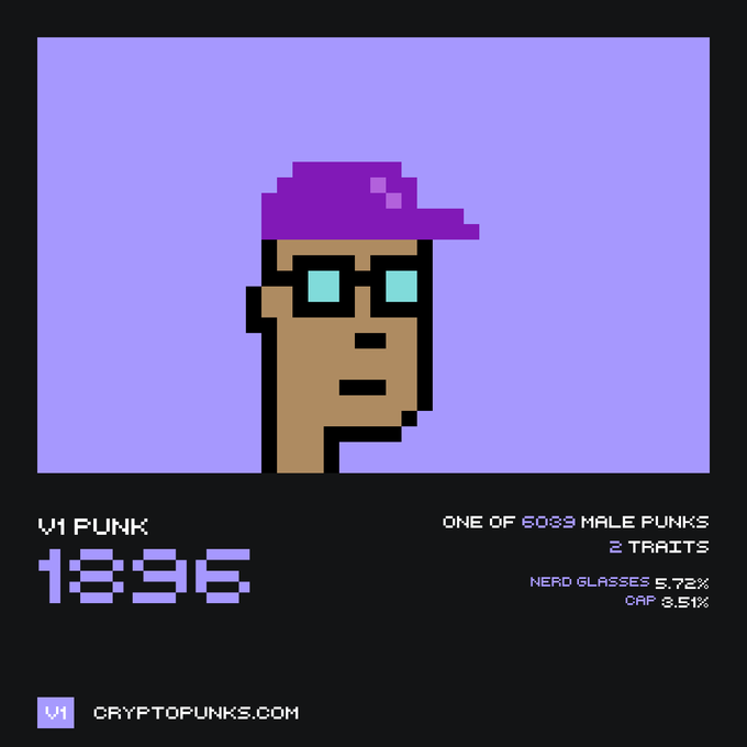 A pixel art CryptoPunk character #1896 wearing a purple cap and cyan glasses is displayed with the text 'V1 PUNK 1896', 'ONE OF 6039 MALE PUNKS', '2 TRAITS', 'NERD GLASSES 5.72%', 'CAP 3.51%', and 'CRYPTOPUNKS.COM'.
