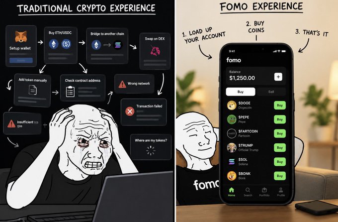 A two-panel comic contrasting the 'Traditional Crypto Experience' (showing a frustrated figure struggling with multiple steps like 'Setup wallet' and 'Buy ETH/USDC') with the 'FOMO Experience' (a simple phone app where users '1. Load up your account, 2. Buy coins, 3. That's it').