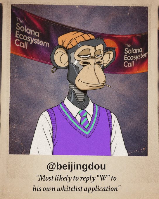 A stylized Bored Ape-style NFT character wearing an orange beanie, purple sweater vest, and tie stands in front of "The Solana Ecosystem Call" banners, framed like a high school yearbook photo. The caption credits "@beijingdou" with the superlative "Most likely to reply 'W' to his own whitelist application," playfully tying the yearbook format to the crypto community's slang for "win" and highlighting the irony of self-promotion in Solana whitelist culture.