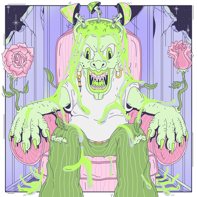 A cartoonish illustration depicts a monstrous, green-skinned rabbit-like creature with horns, dripping green slime, sharp teeth, and long claws, sitting on a pink throne against a purple background with pink roses.