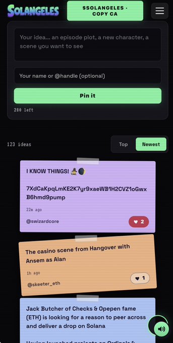 A mobile website for Solangeles featuring an idea submission form with a 'Copy CA' button for $SOLANGELES, showing a feed of user-submitted ideas including 'I KNOW THINGS!' and 'The casino scene from Hangover with Ansem as Alan'.