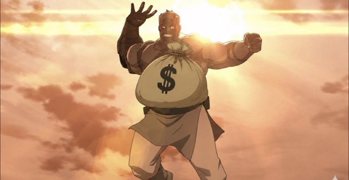 An anime character floating in the clouds holding a money bag with a dollar sign, silhouetted against a bright sunset.