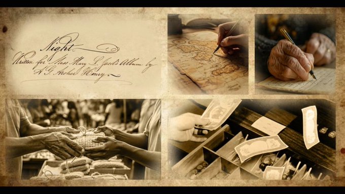 A sepia-toned collage showing handwritten text, hands drawing maps, hands writing, helping hands, and money in a drawer.