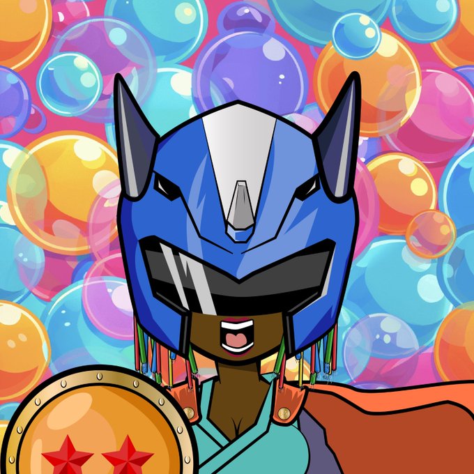A cartoon illustration of a character wearing a blue robotic helmet with pointed ears, set against a colorful bubble background.