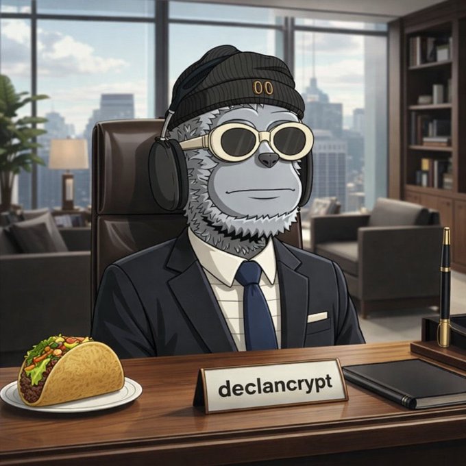 An illustrated anthropomorphic gorilla wearing a beanie, sunglasses, and business suit sits at a desk with a 'declancrypt' nameplate, a taco, and a pen in an office setting.